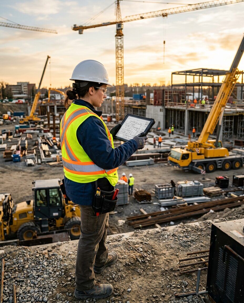 Civil engineer on a construction site reviewing a plan